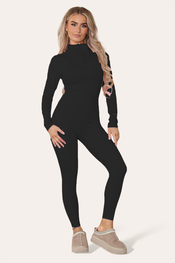 Ribbed High Neck Zipper Collar Jumpsuit Front Unitard Set 🇬🇧