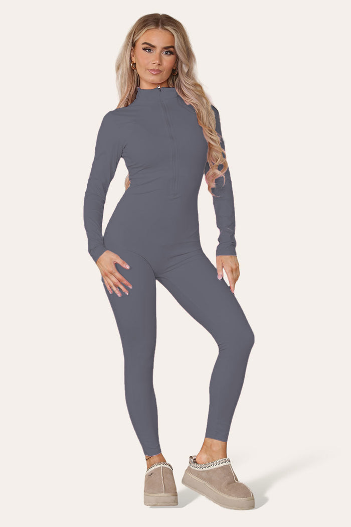 Ribbed High Neck Zipper Collar Jumpsuit Front Unitard Set 🇬🇧