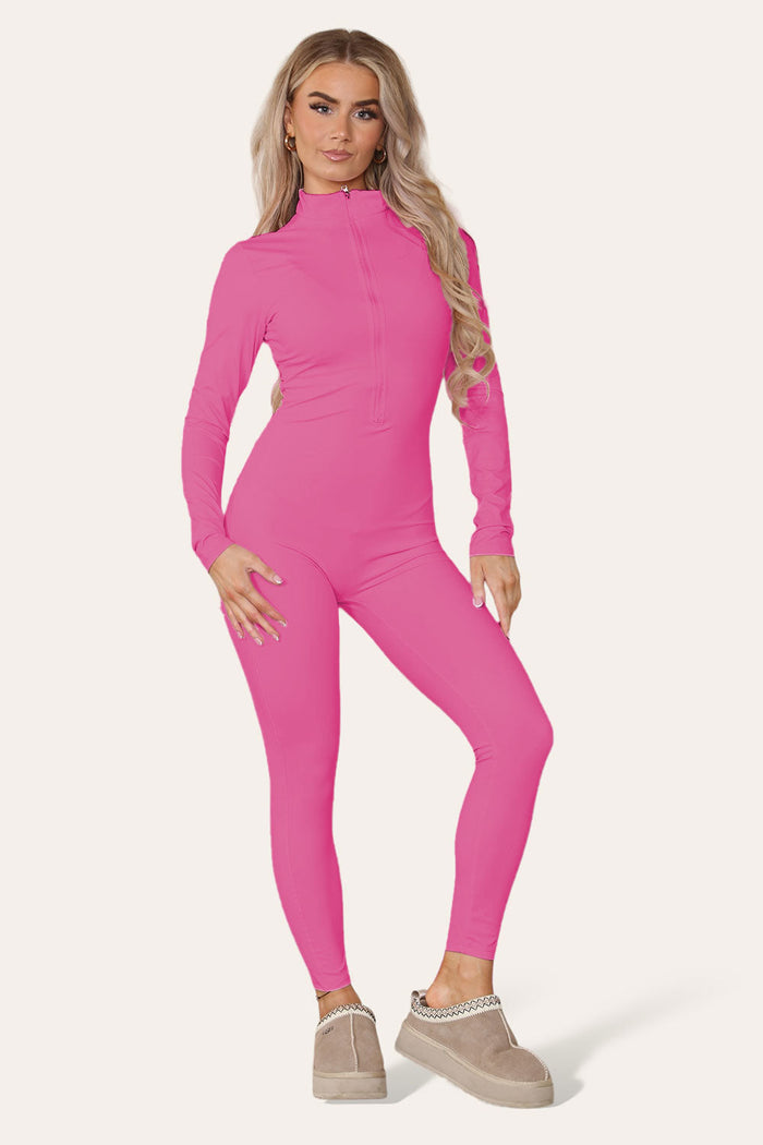 Ribbed High Neck Zipper Collar Jumpsuit Front Unitard Set 🇬🇧
