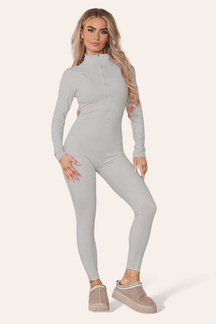 Ribbed High Neck Zipper Collar Jumpsuit Front Unitard Set 🇬🇧