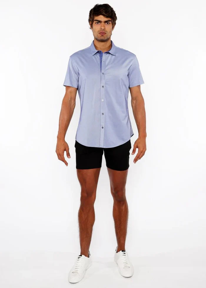 Riviera Blue Solid Stretch Jersey Knit Short Sleeve Shirt W/Contrast Placket St-963-04