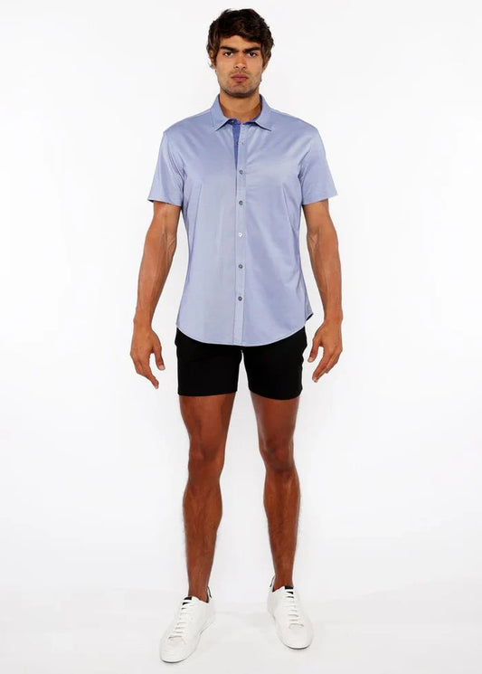 Riviera Blue Solid Stretch Jersey Knit Short Sleeve Shirt W/Contrast Placket St-963-04