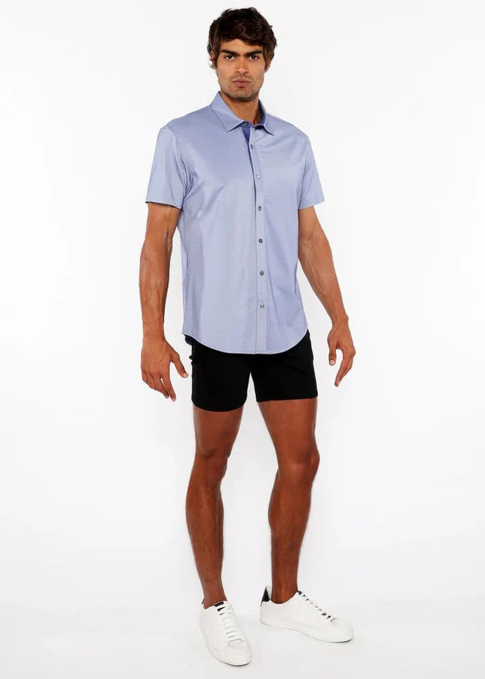 Riviera Blue Solid Stretch Jersey Knit Short Sleeve Shirt W/Contrast Placket St-963-04