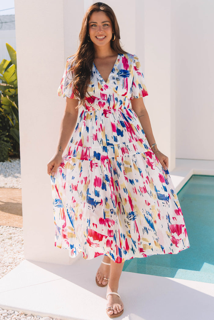 Rose Abstract Print Short Puff Sleeve Tiered Maxi Dress 🇺🇸