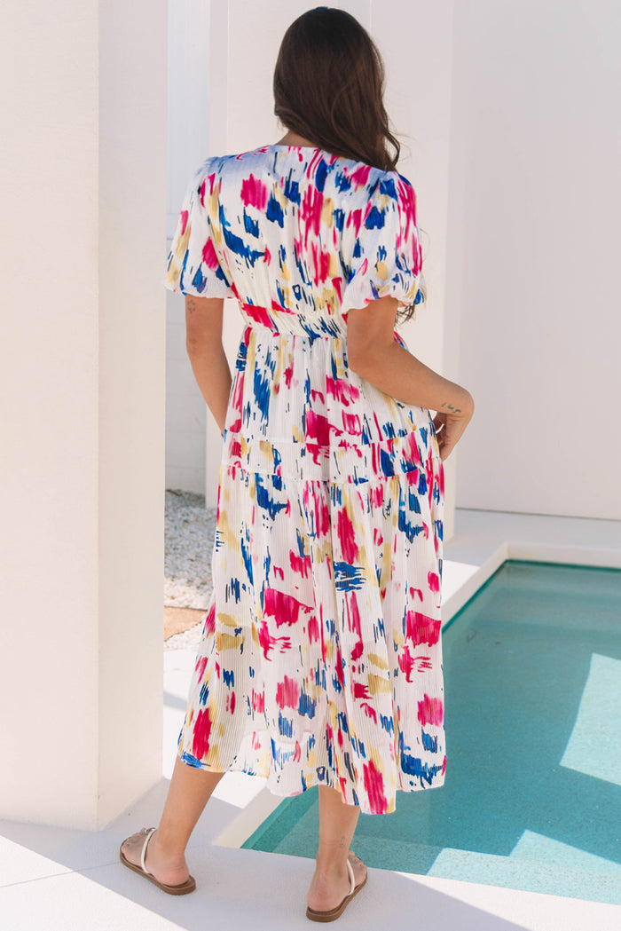 Rose Abstract Print Short Puff Sleeve Tiered Maxi Dress 🇺🇸