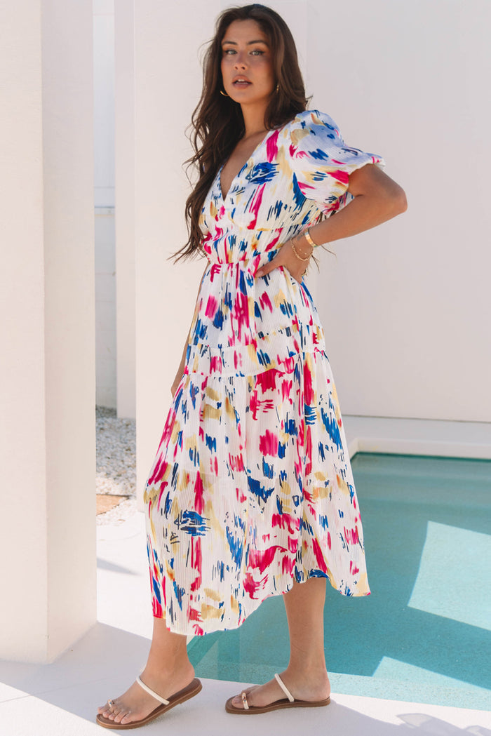 Rose Abstract Print Short Puff Sleeve Tiered Maxi Dress 🇺🇸