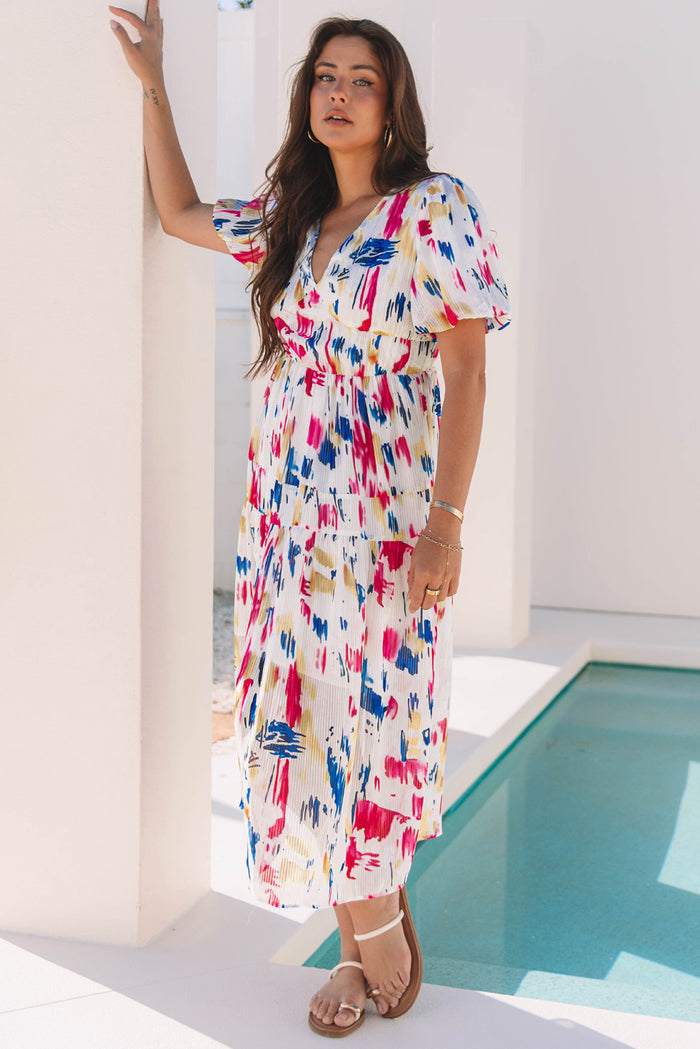 Rose Abstract Print Short Puff Sleeve Tiered Maxi Dress 🇺🇸