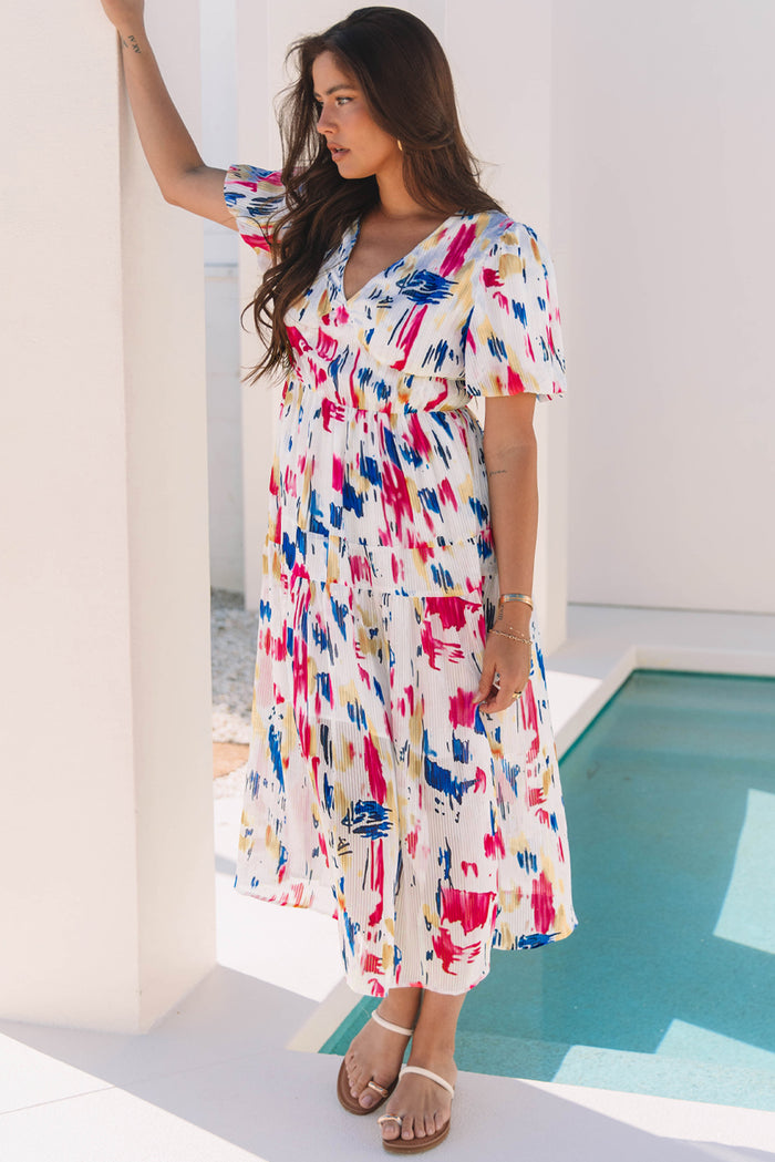 Rose Abstract Print Short Puff Sleeve Tiered Maxi Dress 🇺🇸