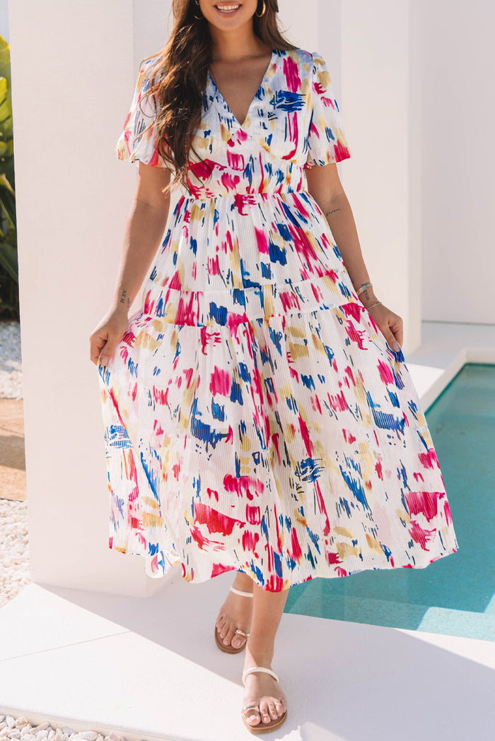 Rose Abstract Print Short Puff Sleeve Tiered Maxi Dress 🇺🇸