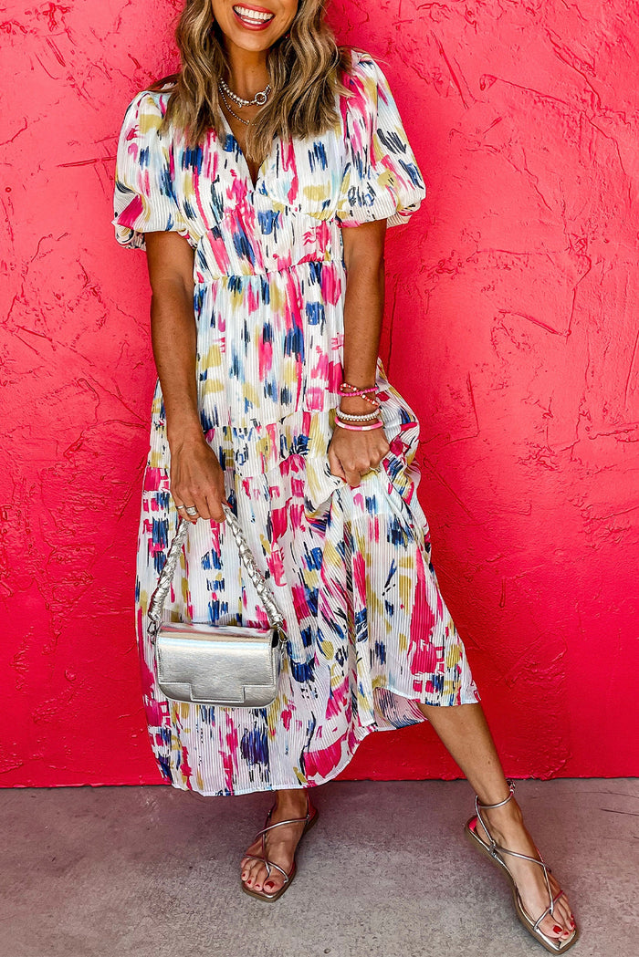 Rose Abstract Print Short Puff Sleeve Tiered Maxi Dress 🇺🇸