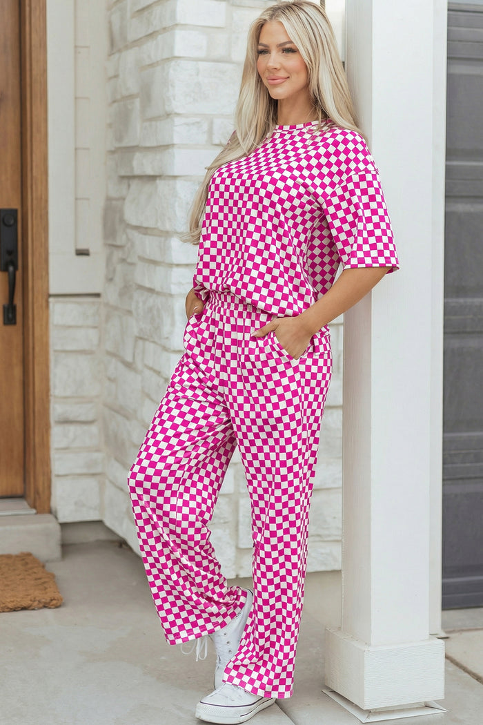 Rose Checkered Print Half Sleeve Tee 2pcs Lounge Pant Set 🇺🇸