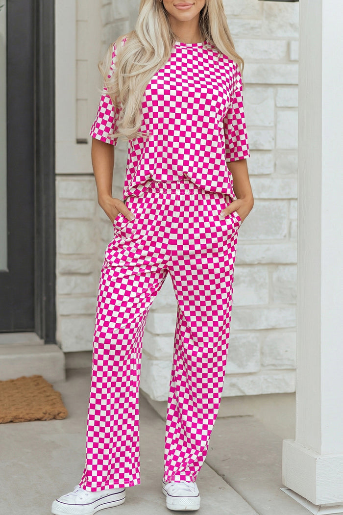Rose Checkered Print Half Sleeve Tee 2pcs Lounge Pant Set 🇺🇸