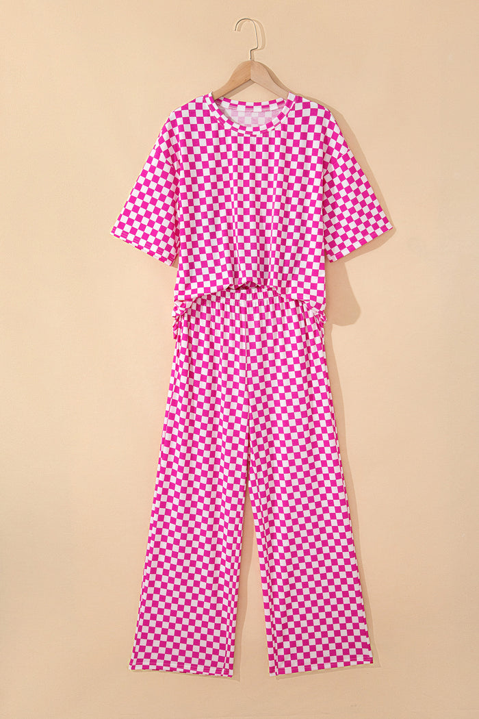 Rose Checkered Print Half Sleeve Tee 2pcs Lounge Pant Set 🇺🇸