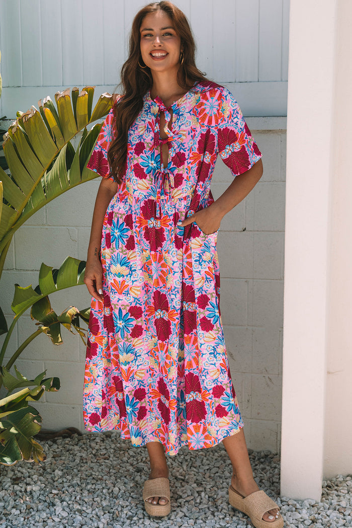 Rose Floral Tied Front High Waist Short Sleeve Loose Long Dress 🇺🇸