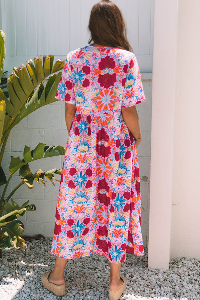 Rose Floral Tied Front High Waist Short Sleeve Loose Long Dress 🇺🇸