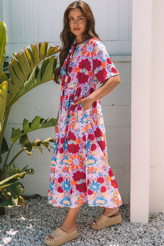 Rose Floral Tied Front High Waist Short Sleeve Loose Long Dress 🇺🇸