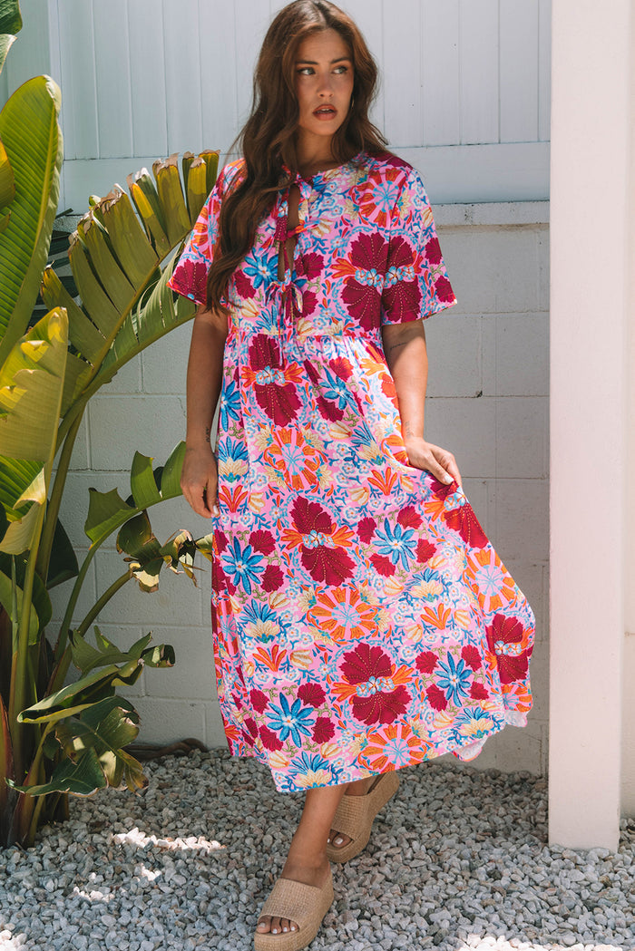 Rose Floral Tied Front High Waist Short Sleeve Loose Long Dress 🇺🇸