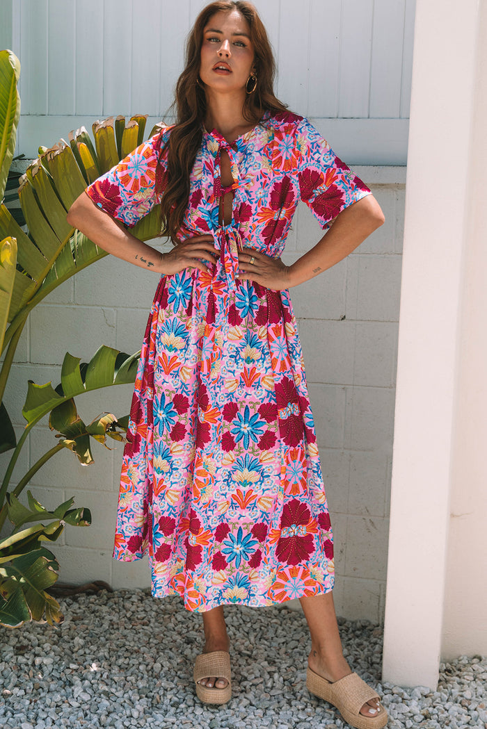 Rose Floral Tied Front High Waist Short Sleeve Loose Long Dress 🇺🇸
