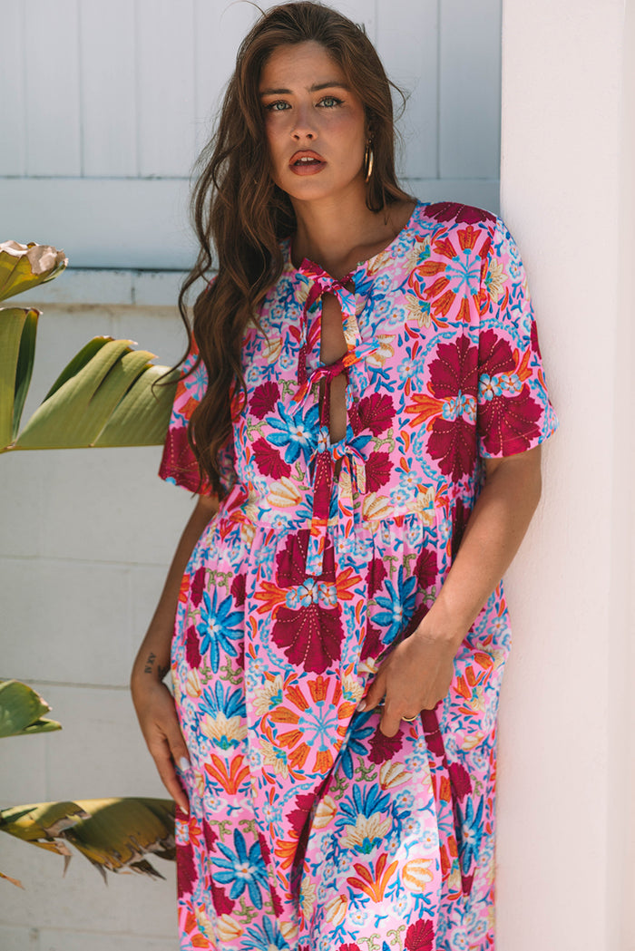 Rose Floral Tied Front High Waist Short Sleeve Loose Long Dress 🇺🇸