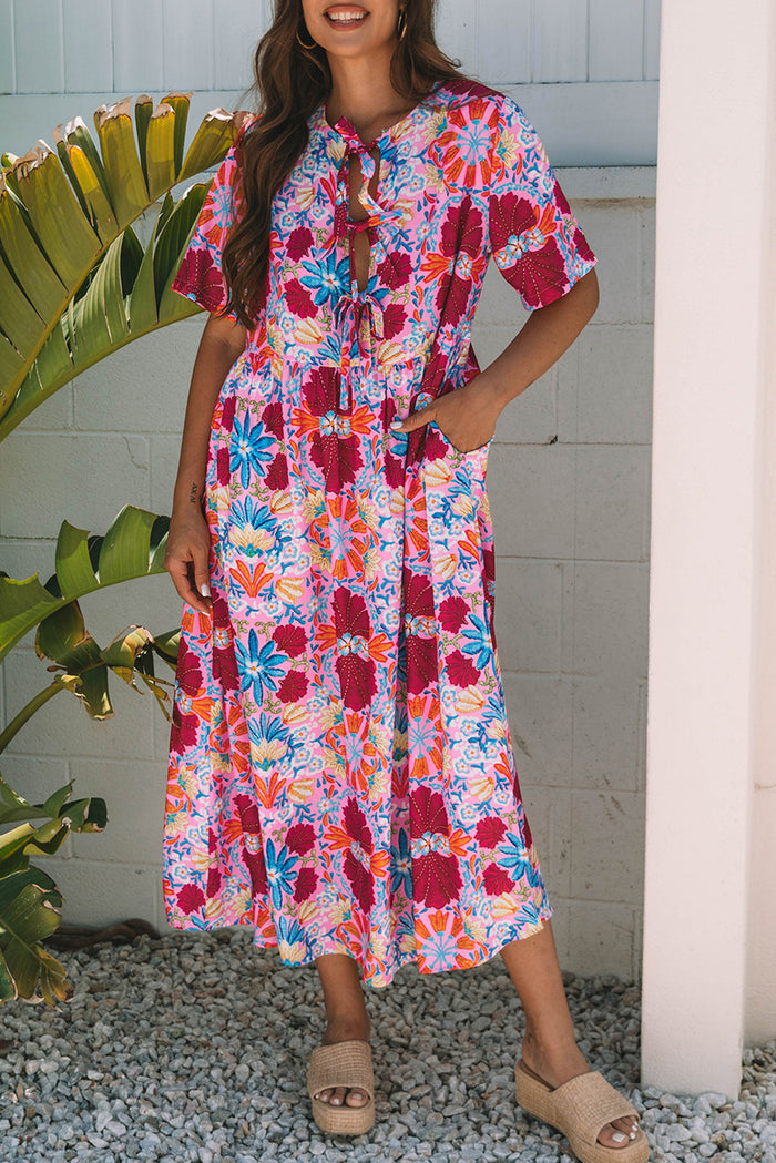 Rose Floral Tied Front High Waist Short Sleeve Loose Long Dress 🇺🇸