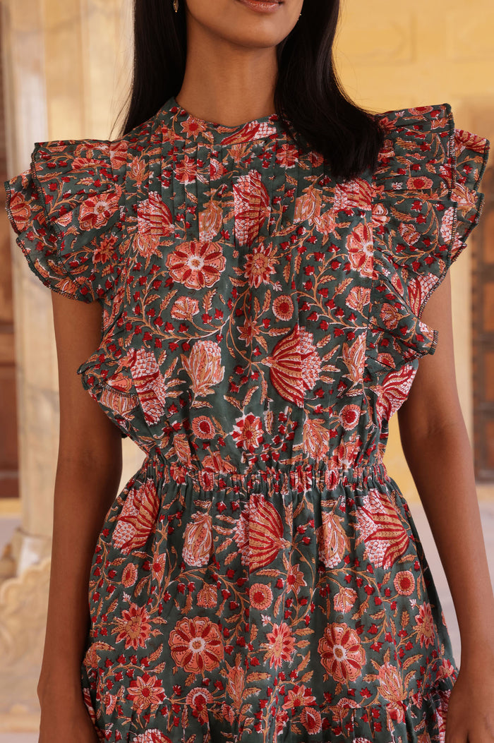 Rose Frill Mini Dress | Khaki/Orange