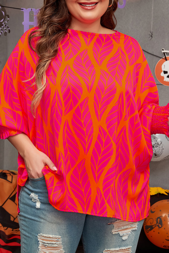 Rose Leafy Printed Smocked Lantern Sleeve Plus Size Blouse 🇺🇸