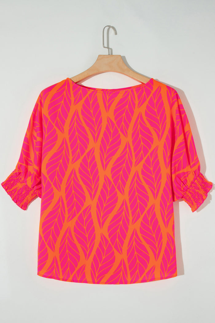 Rose Leafy Printed Smocked Lantern Sleeve Plus Size Blouse 🇺🇸