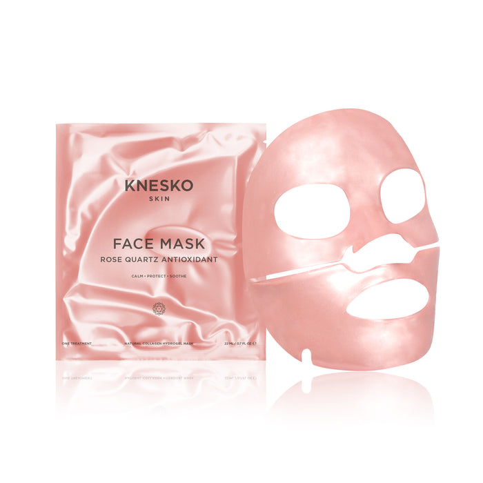 Rose Quartz Antioxidant Face Mask - 4 Pack | Knesko featuring a pink antioxidant skincare mask and matching packaging for calming and soothing facial treatment.