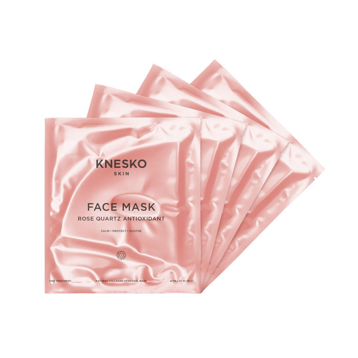 Rose Quartz Antioxidant Face Mask - 4 Pack | Knesko features five pink foil packets designed for skincare, promoting calm, protection, and soothing antioxidant benefits.