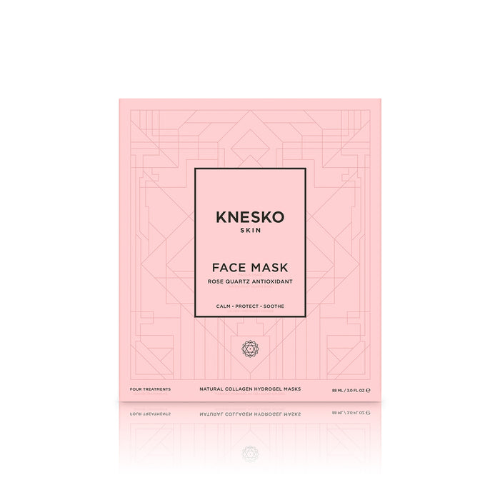 Packaging of Rose Quartz Antioxidant Face Mask - 4 Pack | Knesko in soft pink with geometric design, promoting skincare with calming and soothing benefits.