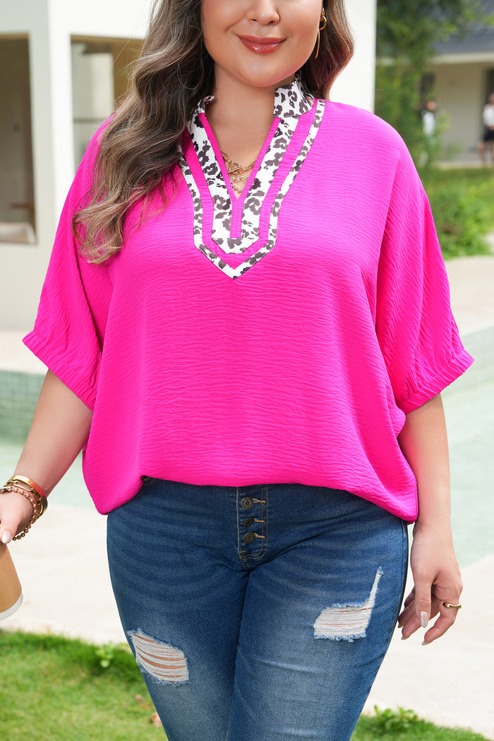 Rose Red Leopard Accent Notched Neck Plus Size Short Sleeve Top 🇺🇸