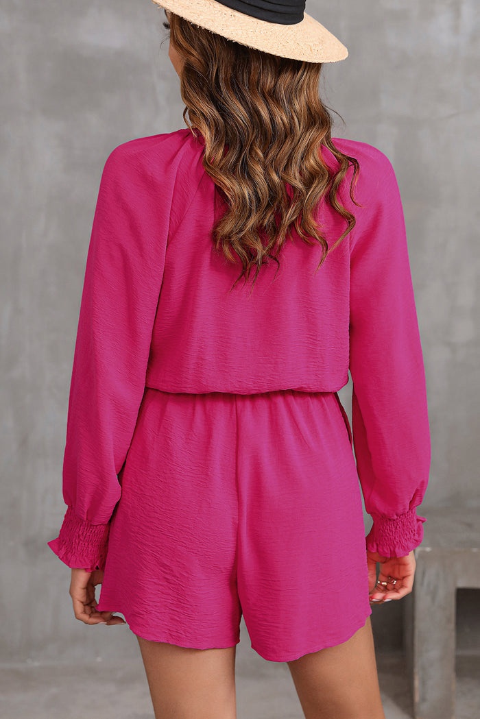 Rose Tie Knot V Neck Puff Long Sleeve Romper 🇺🇸