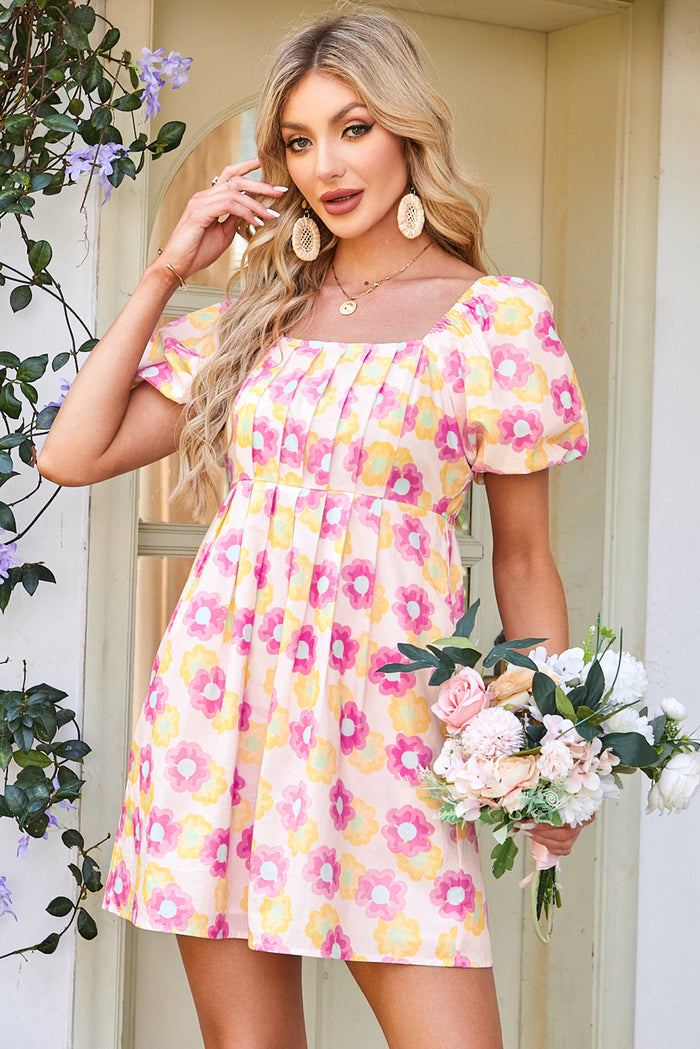 Rose Vibrant Floral Square Neck Puff Sleeve Pleated Flared Midi Dress 🇺🇸