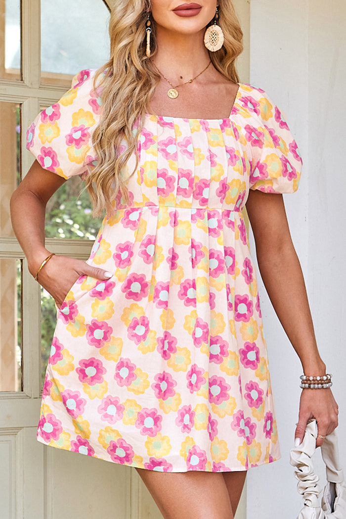 Rose Vibrant Floral Square Neck Puff Sleeve Pleated Flared Midi Dress 🇺🇸
