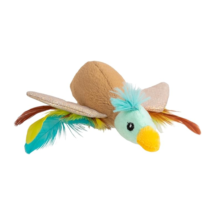 White background with a brown and green Rosewood Flapperz duck cat toy with a yellow beak and feathers attached to the wings, stitched eye details.