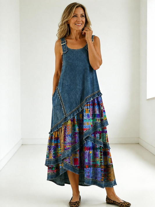 Rovessira - Robe maxi femme patchwork bohème en jean et imprimé floral