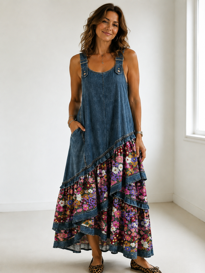Rovessira - Robe maxi femme patchwork bohème en jean et imprimé floral