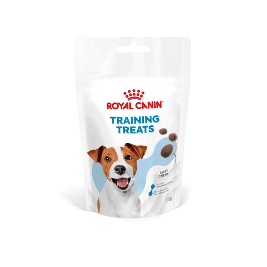 White background with a pouch of Royal Canin Training dog treats with an Jack Russell Terrier dog pictured on the packet, text on the pouch says 'Royal Canin Training Treats'.