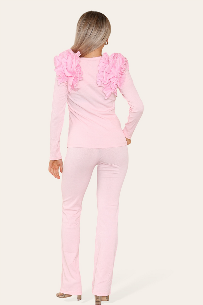 Ruffle Frill Shoulder Ribbed Loungewear Co-Ord Top & Trouser Set 🇬🇧