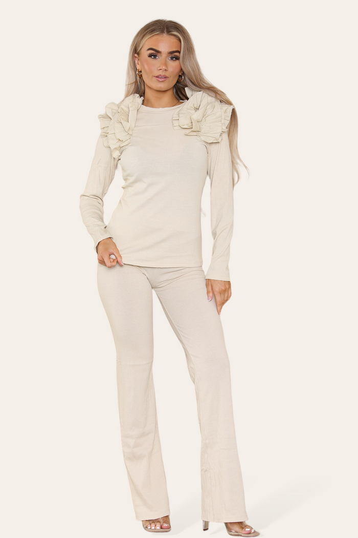 Ruffle Frill Shoulder Ribbed Loungewear Co-Ord Top & Trouser Set 🇬🇧