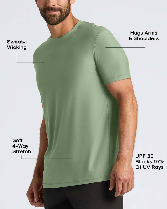 Man wearing a green athletic shirt with text highlighting features on a white background
