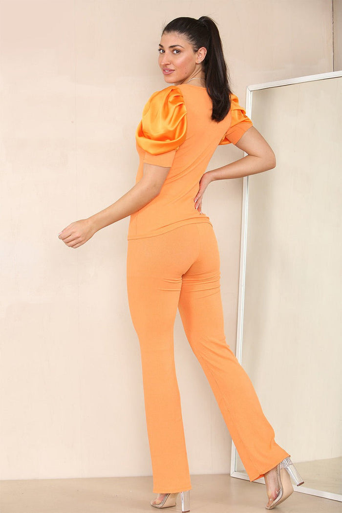 Silky Satin Puff Sleeves Ribbed Lounge Set 🇬🇧