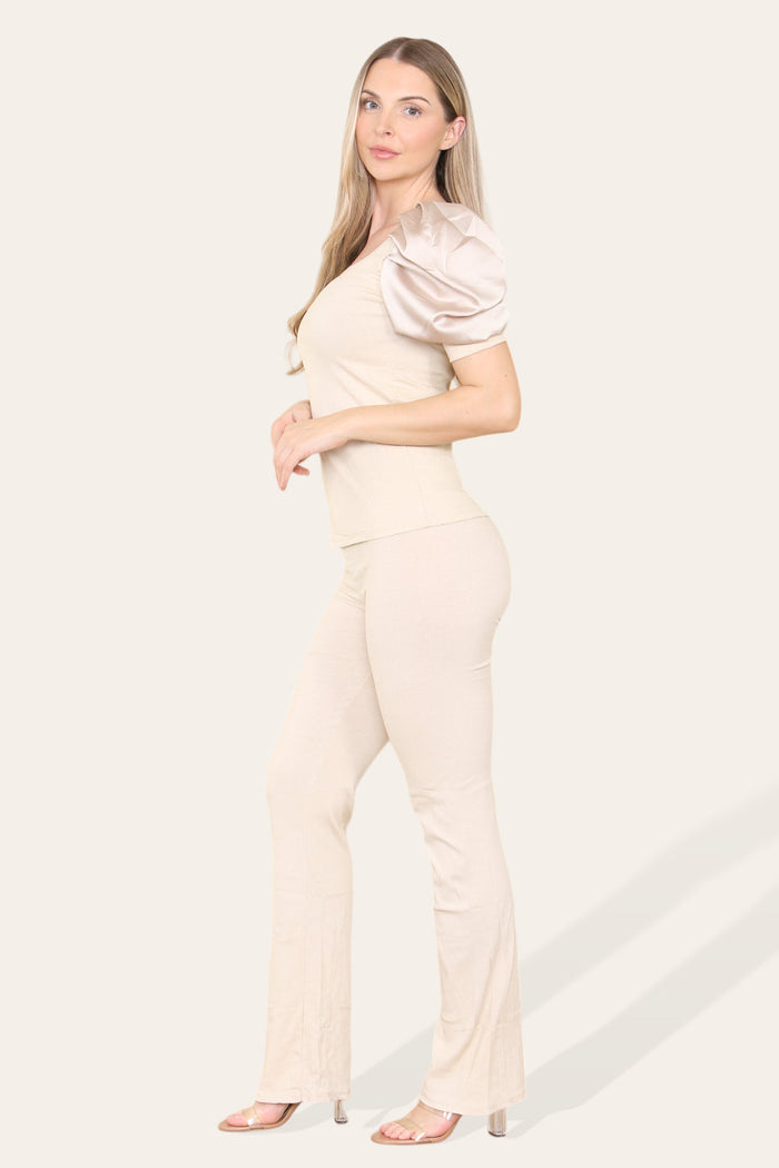 Silky Satin Puff Sleeves Ribbed Lounge Set 🇬🇧