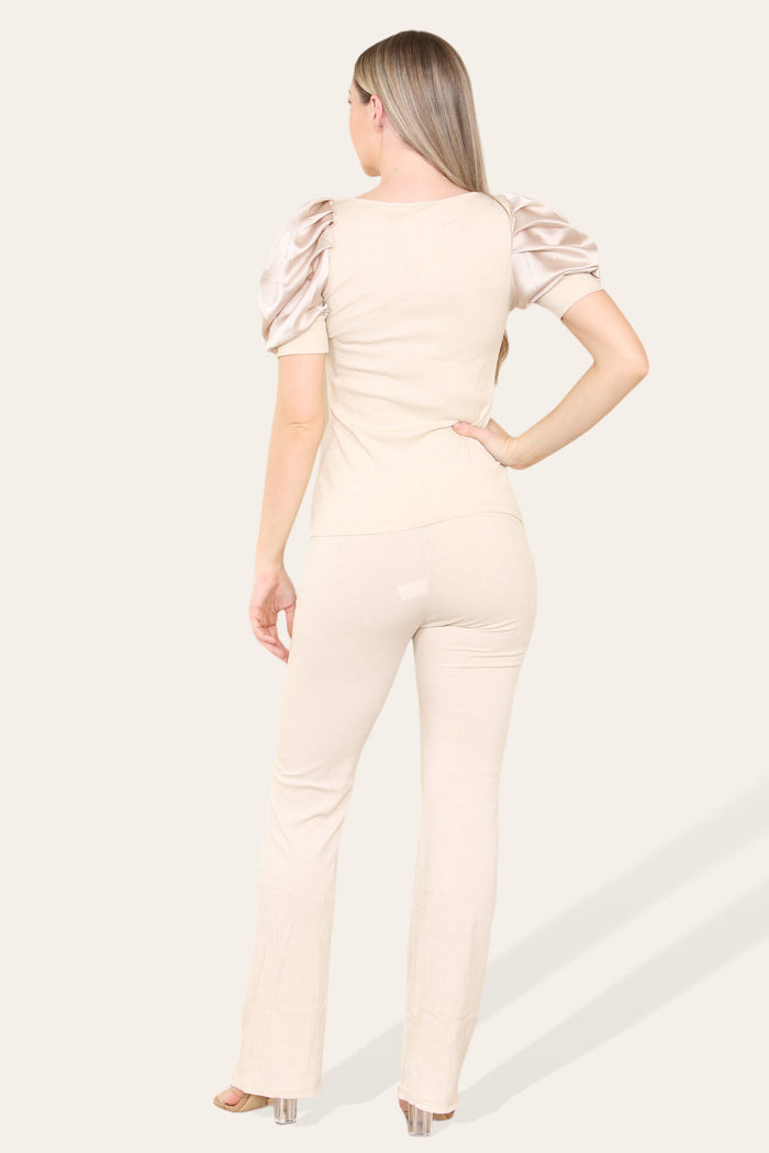 Silky Satin Puff Sleeves Ribbed Lounge Set 🇬🇧