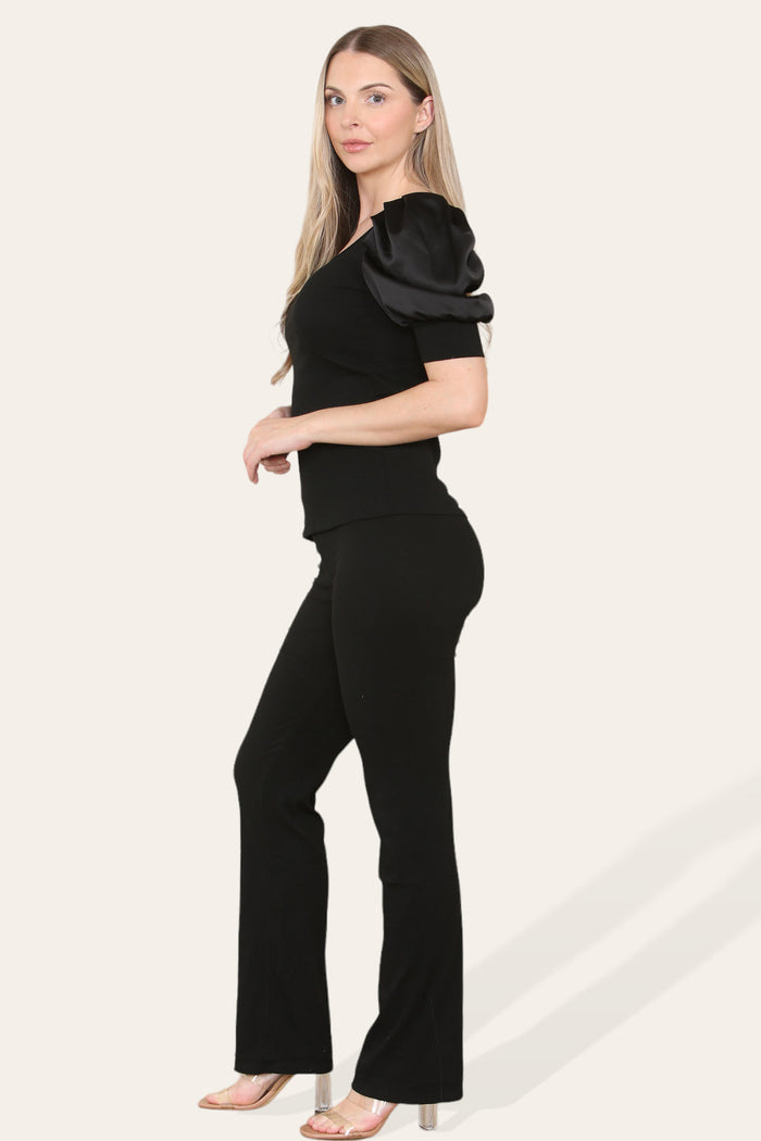 Silky Satin Puff Sleeves Ribbed Lounge Set 🇬🇧