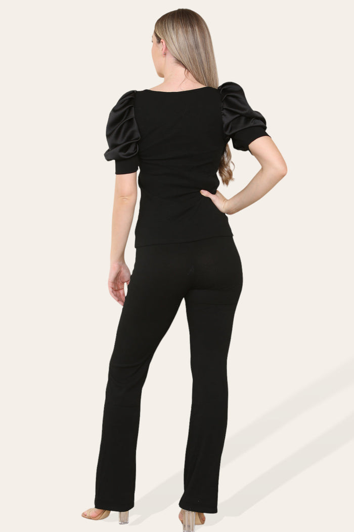 Silky Satin Puff Sleeves Ribbed Lounge Set 🇬🇧