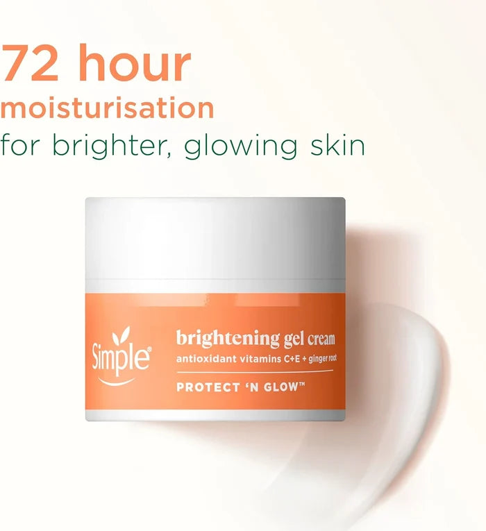 Simple brightening gel cream jar with text about moisturization on a white background