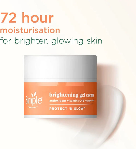 Simple brightening gel cream jar with text about moisturization on a white background