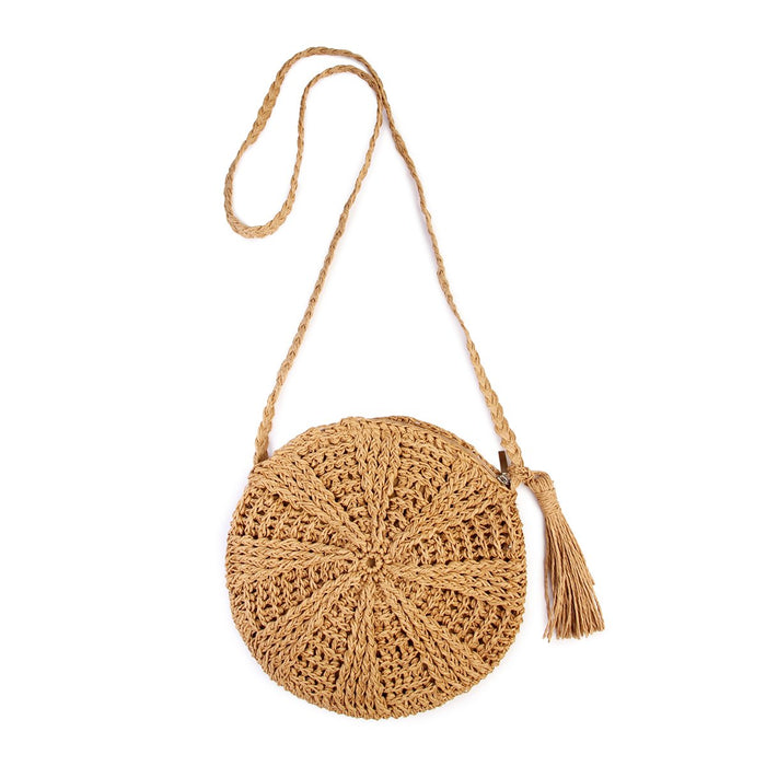 Simple round tassel women's crossbody straw woven bag 🇨🇳