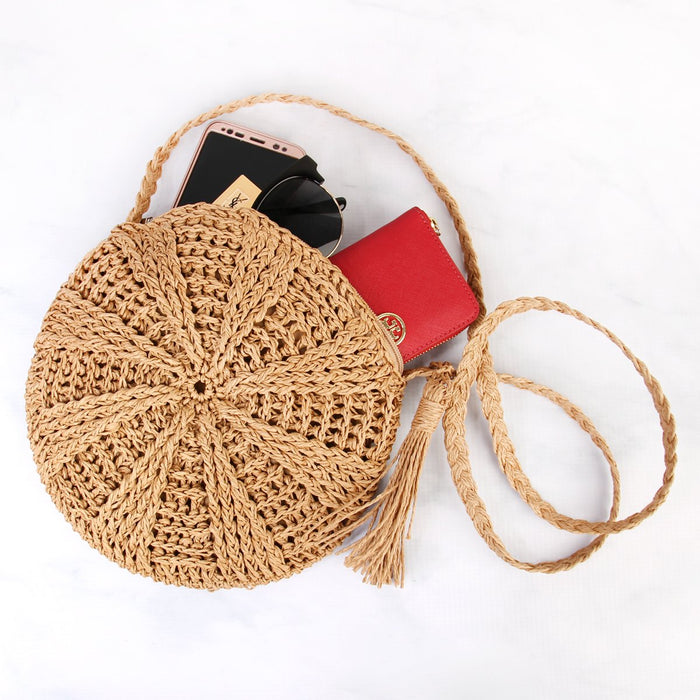 Simple round tassel women's crossbody straw woven bag 🇨🇳